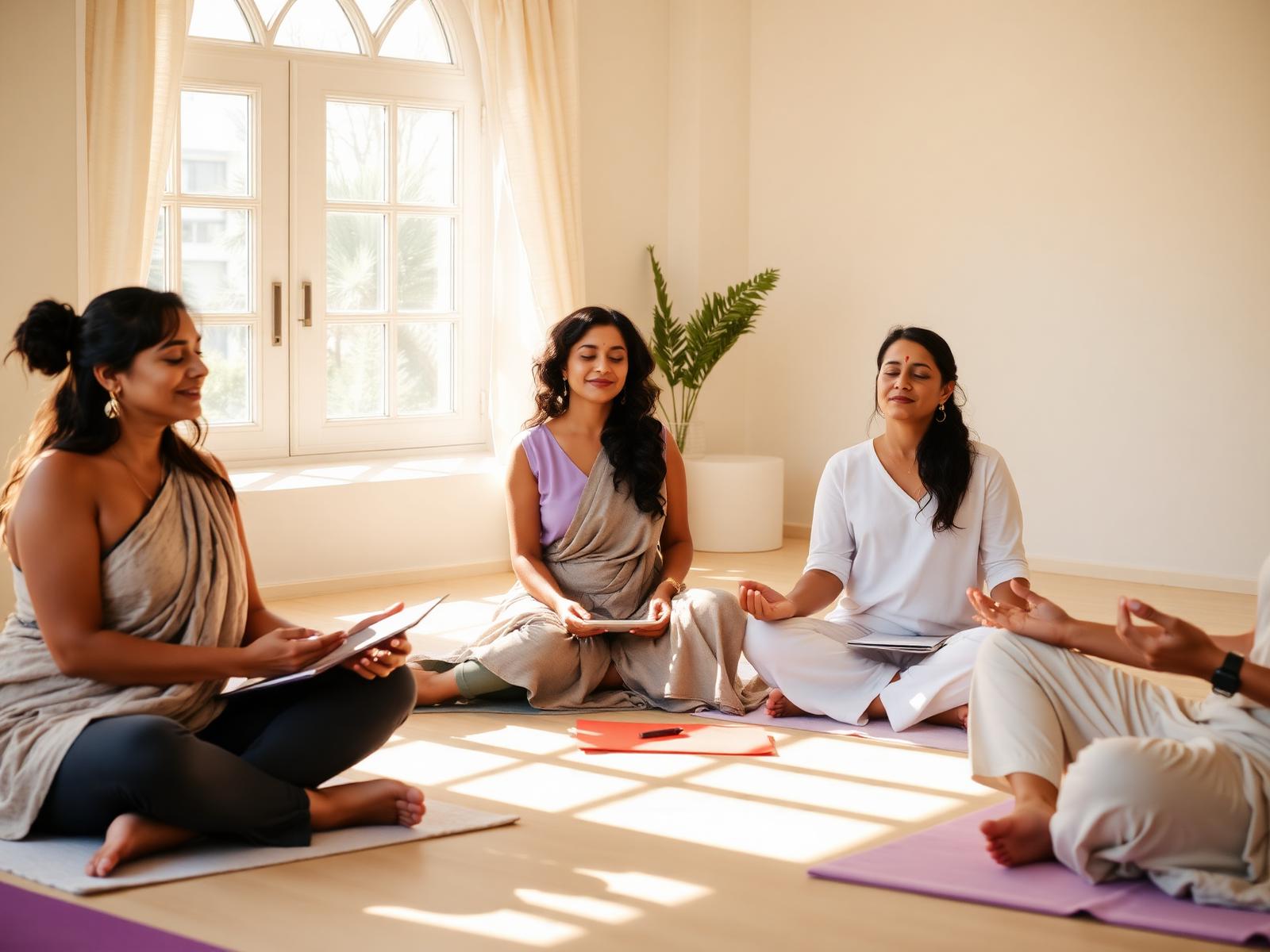 Women meditating together in a sunlit wellness studio